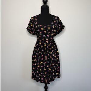 Vintage 90s Floral Mini Dress Black Ditsy Print Rayon Cottagecore Summer L